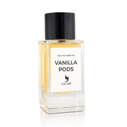 Elegante 100-ml-Glasflasche des Volare Vanilla Pods Eau de Parfum für Damen und Herren vor neutralem Hintergrund.