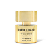 Luxuriöser und schwerer 100-ml-Flakon des Gulf Orchid Golden Sand Eau de Parfum für Damen und Herren vor neutralem Hintergrund.