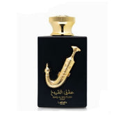 Luxuriöser, schwerer schwarzer 100-ml-Flakon des Lattafa Pride Ishq Al Shuyukh Gold Eau de Parfum mit dreidimensionalem goldenen Akzent vor neutralem Hintergrund.