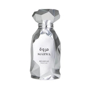 Extravaganter, silberner Glasflakon im geometrischen Facetten-Design des Parfums Arabiyat Prestige Marwa 100ml im Onlineshop dinar.at.