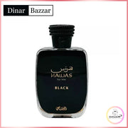 Schwerer, anthrazit-schwarzer Parfumflakon von Rasasi Hawas Black for Him 100ml mit der ikonischen Schlangen-Verschlusskappe im Onlineshop dinar.at