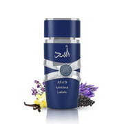 Lattafa Asad Zanzibar Eau de Parfum 100ml dunkelblauer Flakon mit goldenen Akzenten.