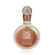 Prachtvoller, weiß-roségoldener Flakon von Lattafa Fakhar Rose Eau de Parfum 100ml – exklusiv erhältlich im dinar.at Onlineshop.
