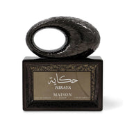 Edler, skulpturaler schwarzer Flakon des Maison Asrar Hikaya Eau de Parfum 100 ml auf www.dinar.at