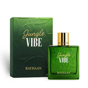  Quadratischer, durchsichtiger grüner Glasflakon von Rayhaan Jungle Vibe 100ml mit eingeprägten Dschungelblattmotiven und goldenem Verschluss im Onlineshop dinar.at