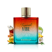 Luxuriöser, tropisch-gelber Glasflakon von Rayhaan Tropical Vibe 100ml mit goldenen Details und schwerem Verschluss im Onlineshop dinar.at.