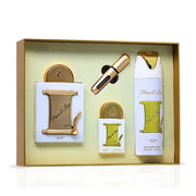 Luxuriöses weiß-goldenes Lattafa Pride Peace & Love Geschenkset mit dem 100ml Flakon, der 20ml Miniatur und dem 200ml Deospray in einer edlen Premium-Box – exklusiv bei dinar.at