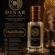 Kunstvoller 6ml-Flakon mit edlem Applikator von Oud & Tonka Parfümöl – exklusiv erhältlich im dinar.at Onlineshop.