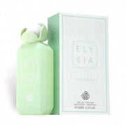 Elegante, mintgrüne Glasflasche des Fragrance World Elysia Pista Sundae Eau de Parfum 100 ml mit dekorativem Verschluss vor neutralem Hintergrund.