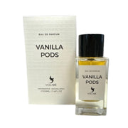 Elegante 100-ml-Glasflasche des Volare Vanilla Pods Eau de Parfum für Damen und Herren vor neutralem Hintergrund.