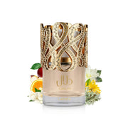 Eleganter, luxuriöser 100-ml-Flakon des Lattafa Dalal Eau de Parfum für Damen mit goldenen Details vor neutralem Hintergrund.