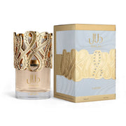 Eleganter, luxuriöser 100-ml-Flakon des Lattafa Dalal Eau de Parfum für Damen mit goldenen Details vor neutralem Hintergrund.