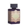 Prunkvoller violetter Designer-Flakon von Lattafa Bade'e Al Oud Amethyst Fusion Eau de Parfum 100ml mit goldenen arabischen Ornamenten exklusiv bei Dinar Parfums Wien.