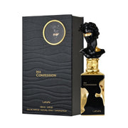 Extravaganter, tiefschwarzer Parfumflakon von Lattafa His Confession 100ml mit goldener David-Büste als Verschlusskappe im Onlineshop dinar.at.