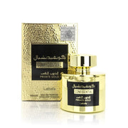 Prunkvoller, spiegelnd goldener 100-ml-Flakon des Lattafa Confidential Private Gold Eau de Parfum für Damen und Herren vor neutralem Hintergrund.