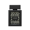 Markanter, tiefschwarzer Designer-Flakon von RAVE Now Eau de Parfum 100ml für Herren mit gummiertem Gitter-Muster exklusiv bei Dinar Parfums Wien.