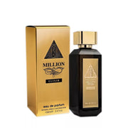 Majestätischer, schwerer Designer-Flakon von Fragrance World La Uno Million Elixir Eau de Parfum 100ml mit goldenen Akzenten exklusiv erhältlich bei Dinar Parfums Wien.