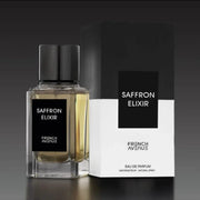 Eleganter, tiefschwarzer 100ml Design-Flakon von French Avenue Saffron Elixir Eau de Parfum mit edler goldener Hardware bei dinar.at.