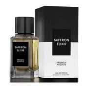 Eleganter, tiefschwarzer 100ml Design-Flakon von French Avenue Saffron Elixir Eau de Parfum mit edler goldener Hardware bei dinar.at.