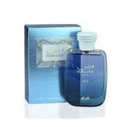 Hellblauer, eisiger Flakon von Rasasi Hawas Ice Eau de Parfum 100ml mit kunstvollem Schlangen-Verschluss – exklusiv im dinar.at Onlineshop.