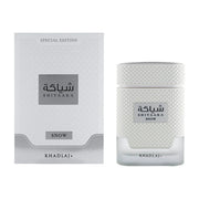 Majestätischer, mattweißer Designer-Flakon von Khadlaj Shiyaaka Snow Eau de Parfum 100ml mit silbernen Akzenten exklusiv erhältlich bei Dinar Parfums Wien.
