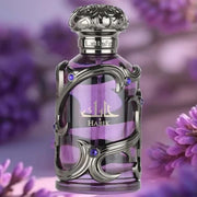 Eleganter, violetter 100ml Design-Flakon von Lattafa Habik For Men Eau de Parfum mit feiner arabischer Inschrift und einer verzierten, schweren Kappe bei dinar.at