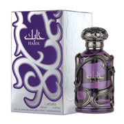 Eleganter, violetter 100ml Design-Flakon von Lattafa Habik For Men Eau de Parfum mit feiner arabischer Inschrift und einer verzierten, schweren Kappe bei dinar.at