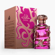 Wunderschöner, weißer 100ml Design-Flakon von Lattafa Habik For Women Eau de Parfum mit kunstvollem Silberdekor und verzierter Kappe bei dinar.at.