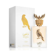 Prachtvoller, mattschwarzer 100ml Luxusflakon von Lattafa Pride Shaheen Gold Eau de Parfum mit einer plastischen, goldenen Falken-Skulptur bei dinar.at.