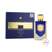 Majestätischer tiefblauer Designer-Flakon von Lattafa Liam Blue Shine Eau de Parfum 100ml mit silbernen Akzenten exklusiv erhältlich bei Dinar Parfums Wien