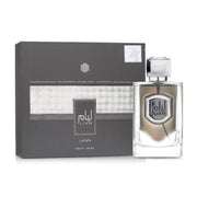 Majestätischer mattgrauer Designer-Flakon von Lattafa Liam Grey Eau de Parfum 100ml mit silbernen Akzenten exklusiv erhältlich bei Dinar Parfums Wien.