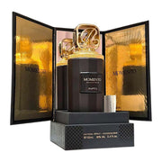 Eleganter, schwerer schwarzer 100ml Flakon von RiiFFS Momento Extrait de Parfum mit goldener Kappe bei dinar.at.