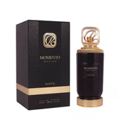 Eleganter, schwerer schwarzer 100ml Flakon von RiiFFS Momento Extrait de Parfum mit goldener Kappe bei dinar.at.