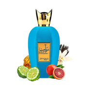 Eleganter, samtig-blauer 100ml Design-Flakon von Zimaya Rabab Blue Eau de Parfum mit goldener Kappe bei dinar.at.