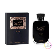 Schwerer, anthrazit-schwarzer Parfumflakon von Rasasi Hawas Black for Him 100ml mit der ikonischen Schlangen-Verschlusskappe im Onlineshop dinar.at