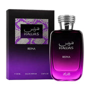 Eleganter, violetter 100ml Design-Flakon von Rasasi Hawas Reina Eau de Parfum mit silbernen Akzenten für Damen und Herren bei dinar.at.