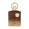 Das prachtvolle, geschwungene 100ml-Flakon des Unisex-Parfums Afnan Supremacy in Oud mit einem reliefartigen goldenen Wappen und einer goldenen