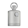 Das markante, silber-glänzende 100ml-Flakon des Herrenparfums Afnan Supremacy Silver Pour Homme mit einem reliefartigen Wappen auf der Vorderseite.