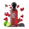 Das markante, feurig-rote 100ml-Glasflakon des Herrenparfums ANFAR 1950 FOUCO mit einem modernen, geometrischen Reliefmuster und einer edlen Kappe.