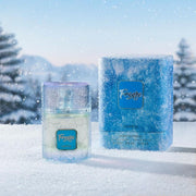 Der eisblaue, moderne Flakon von Riiffs Freeze Extrait de Parfum 100 ml neben der originalen, eleganten Verpackung von Dinar Parfums Wien.