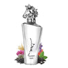 Das prachtvolle, silber-spiegelnde 100ml-Flakon des Herrenparfums Lattafa Maahir Legacy mit dem ikonischen Verschluss in Form eines Pferdekopfes.