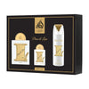 Luxuriöses weiß-goldenes Lattafa Pride Peace & Love Geschenkset mit dem 100ml Flakon, der 20ml Miniatur und dem 200ml Deospray in einer edlen Premium-Box – exklusiv bei dinar.at